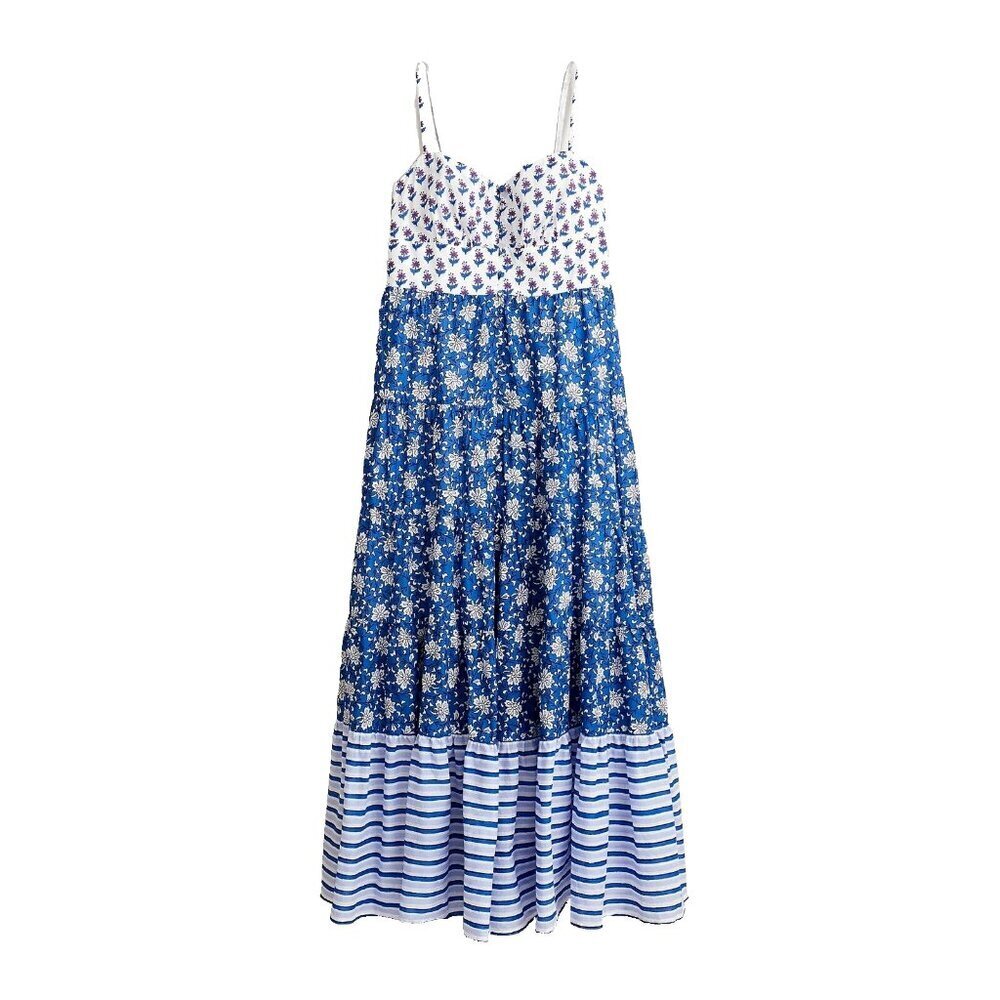 NWT J.Crew Button-front Maxi in Blue Mixed Block Prints Tank Dress 8